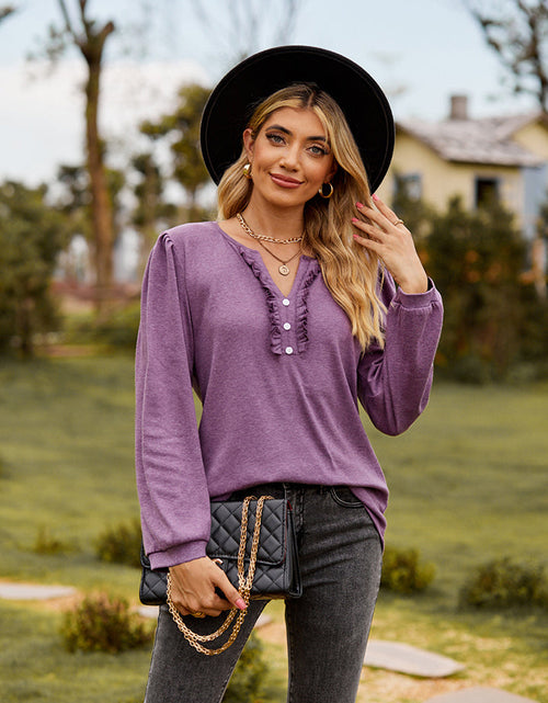 Load image into Gallery viewer, Puff Sleeve Ruffle Trim Blouse
