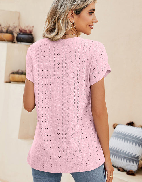Load image into Gallery viewer, Eyelet V-Neck Petal Sleeve T-Shirt
