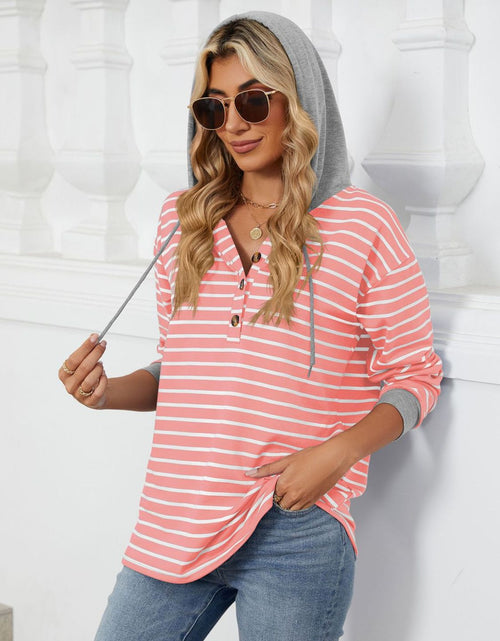 Load image into Gallery viewer, Drawstring Striped Long Sleeve Hoodie
