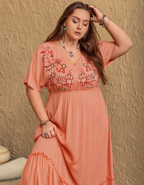 Load image into Gallery viewer, Plus Size Frill Embroidered V-Neck Half Sleeve Maxi Dress
