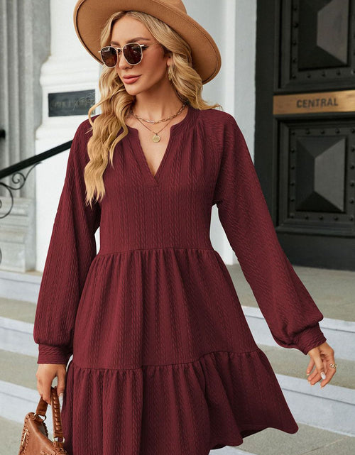 Load image into Gallery viewer, Notched Neck Long Sleeve Mini Dress
