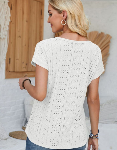 Load image into Gallery viewer, Eyelet Round Neck Rolled Short Sleeve T-Shirt
