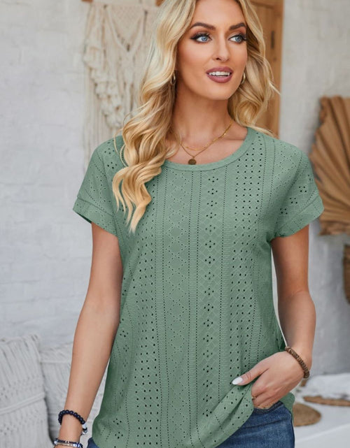 Load image into Gallery viewer, Eyelet Round Neck Rolled Short Sleeve T-Shirt
