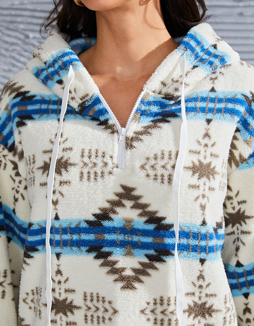Load image into Gallery viewer, Shiny Geometric Half Zip Drawstring Long Sleeve Hoodie
