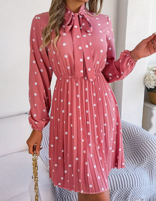 Load image into Gallery viewer, Polka Dot Tie Neck Pleated Dress
