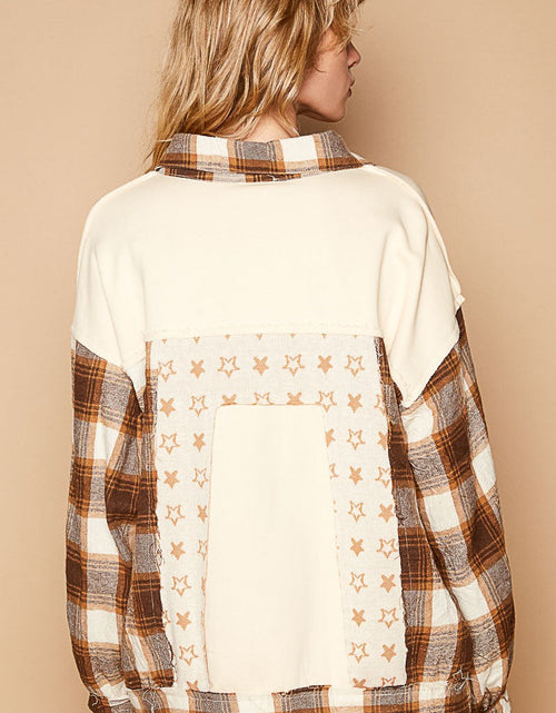 Load image into Gallery viewer, POL Plaid &amp; Star Patchwork Contrast Long Sleeve Shacket
