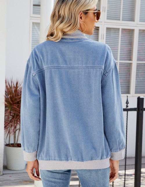 Load image into Gallery viewer, Pocketed Zip Up Baseball Collar Denim Jacket

