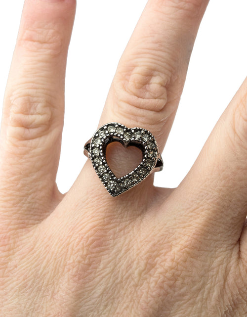 Load image into Gallery viewer, Vintage Clear Austrian Crystal Heart Ring Antiqued 18k White Gold Electroplated Made in USA by PVD Vintage Jewelry
