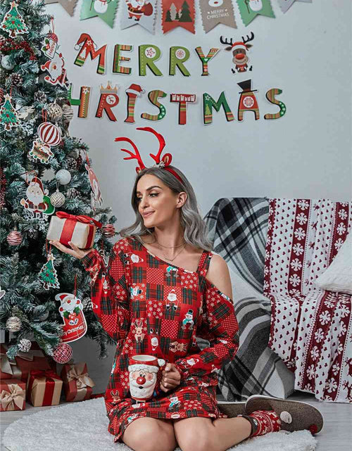 Load image into Gallery viewer, Christmas Asymmetrical Neck Long Sleeve Dress
