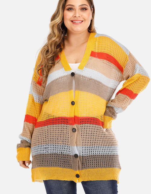 Load image into Gallery viewer, Plus Openwork Color Block Button Up Cardigan
