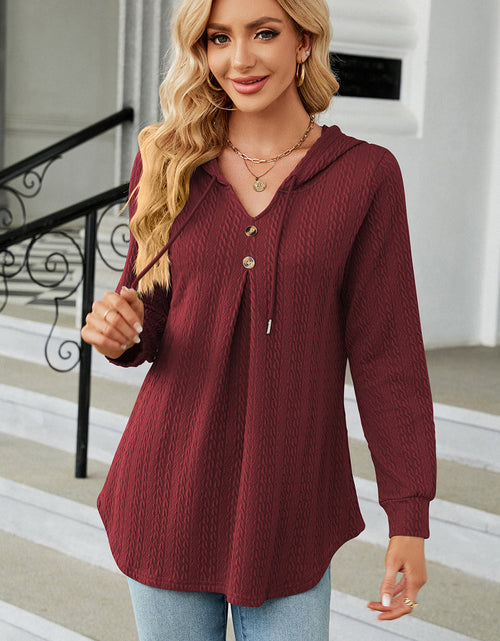Load image into Gallery viewer, Decorative Button Drawstring Long Sleeve Hoodie
