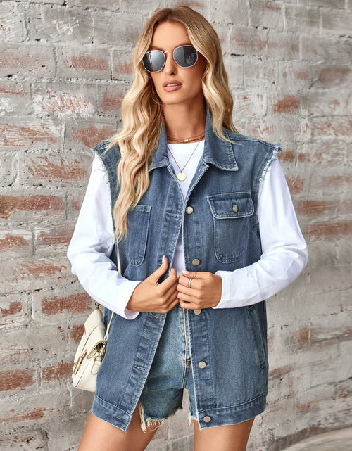 Load image into Gallery viewer, Raw Hem Sleeveless Button Up Denim Jacket
