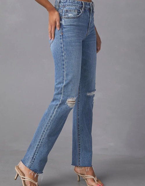 Load image into Gallery viewer, Distressed Raw Hem Straight Jeans with Pockets
