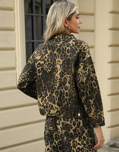 Load image into Gallery viewer, Pocketed Leopard Long Sleeve Denim Jacket

