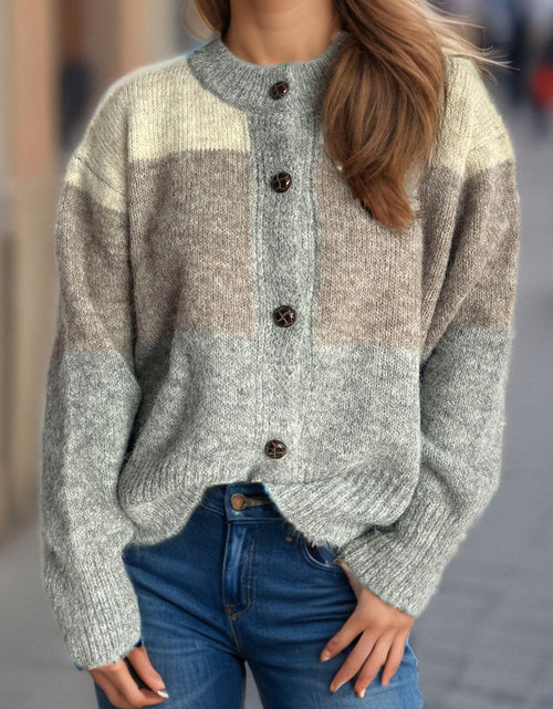 Load image into Gallery viewer, Color Block Round Neck Button Up Cardigan
