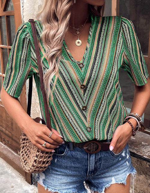 Load image into Gallery viewer, Shiny Printed V-Neck Button-Up Short Sleeve Top
