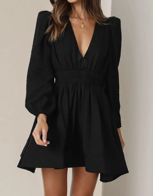Load image into Gallery viewer, Ruched V-Neck Balloon Sleeve Mini Dress
