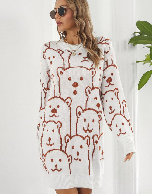 Load image into Gallery viewer, Bear Pattern Round Neck Sweater Dress
