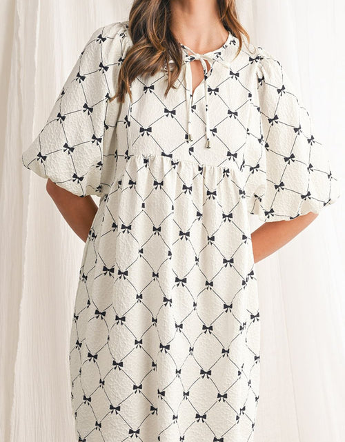 Load image into Gallery viewer, Bow Print Tie Neck Half Sleeve Dress
