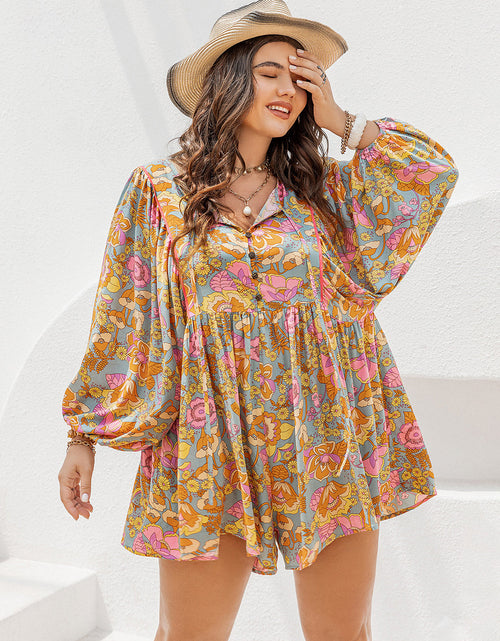 Load image into Gallery viewer, Plus Size Floral Tie Neck Balloon Sleeve Romper
