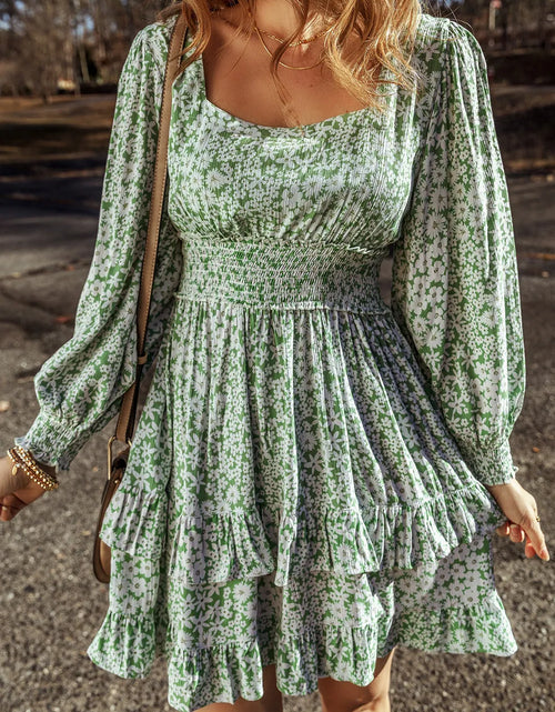Load image into Gallery viewer, Ruffle Hem Floral Square Neck Long Sleeve Dress
