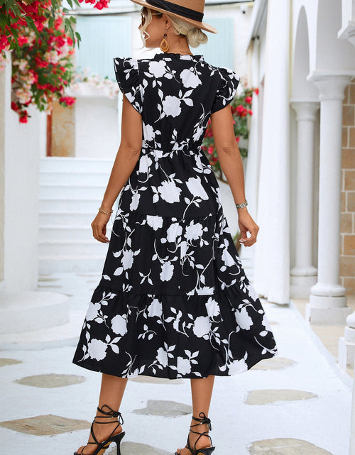 Load image into Gallery viewer, Floral Frill Trim V-Neck Tiered Midi Dress

