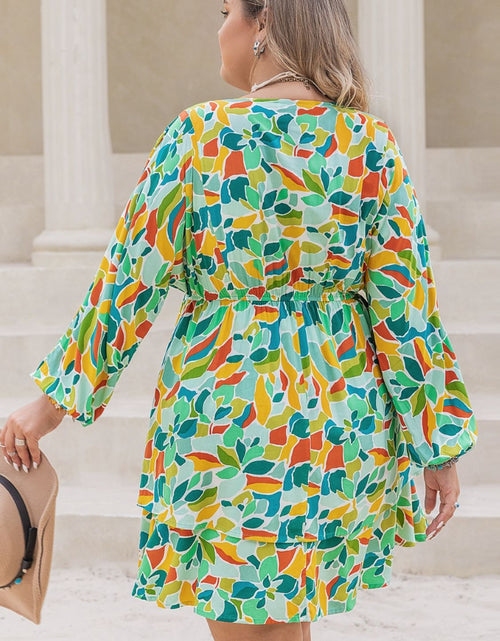Load image into Gallery viewer, Plus Size Printed Surplice Long Sleeve Mini Dress
