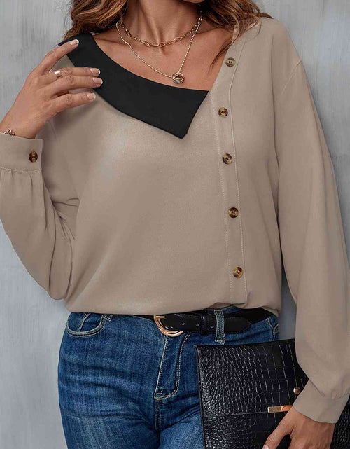 Load image into Gallery viewer, Asymmetrical Neck Buttoned Long Sleeve Top
