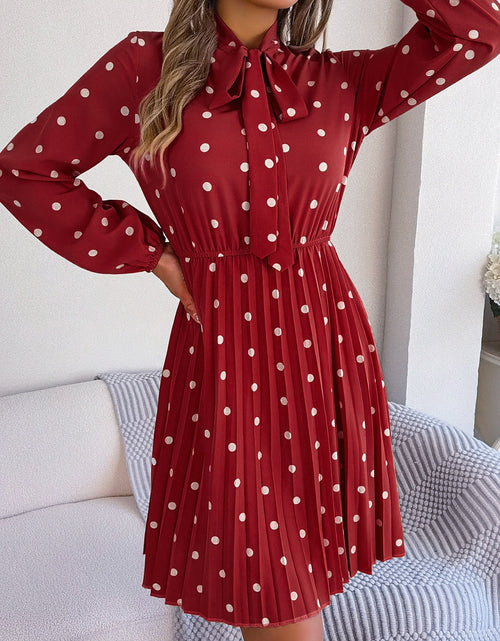 Load image into Gallery viewer, Polka Dot Tie Neck Pleated Dress
