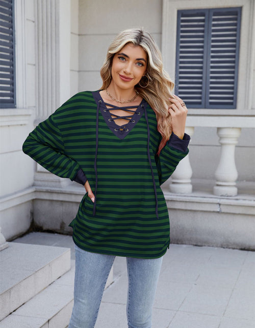 Load image into Gallery viewer, Lace-Up Striped Long Sleeve T-Shirt
