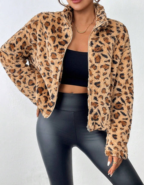 Load image into Gallery viewer, Fuzzy Turtleneck Leopard Zip Up Jacket
