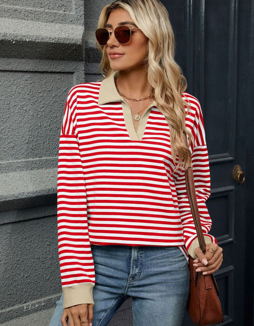 Load image into Gallery viewer, Striped Johnny Collar Long Sleeve Sweatshirt
