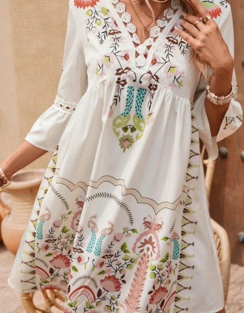Load image into Gallery viewer, Lace Detail Printed Three-Quarter Sleeve Dress
