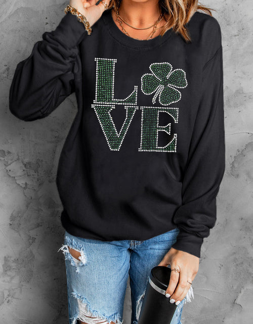 Load image into Gallery viewer, LOVE Rhinestone Clover Round Neck Sweatshirt
