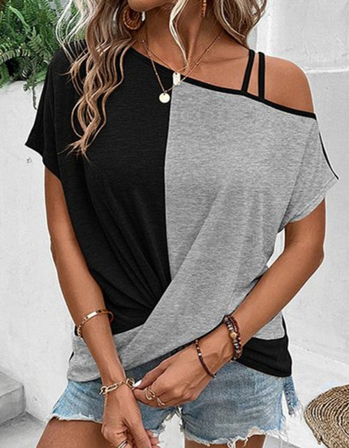 Load image into Gallery viewer, Contrast Asymmetrical Neck Short Sleeve T-Shirt
