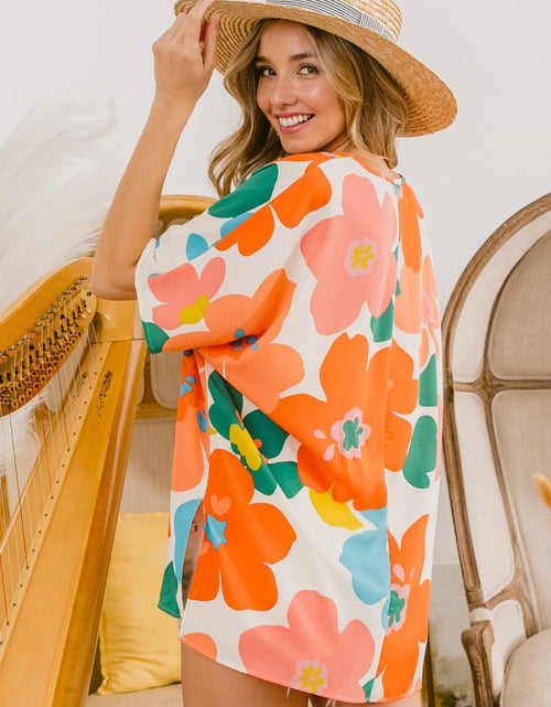 Load image into Gallery viewer, BiBi Floral V Neck Slit Side T-Shirt

