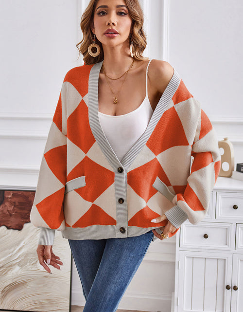 Load image into Gallery viewer, Geometric Lantern Sleeve Cardigan with Pockets
