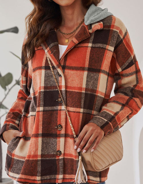 Load image into Gallery viewer, Plaid Button Up Hooded Shacket

