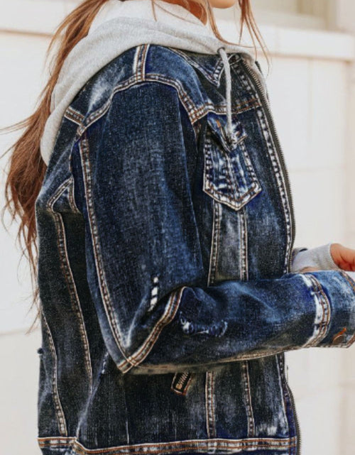 Load image into Gallery viewer, Fake Two-Piece Hooded Zip-Up Denim Jacket
