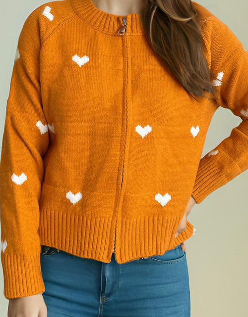 Load image into Gallery viewer, Heart Round Neck Zip Up Cardigan
