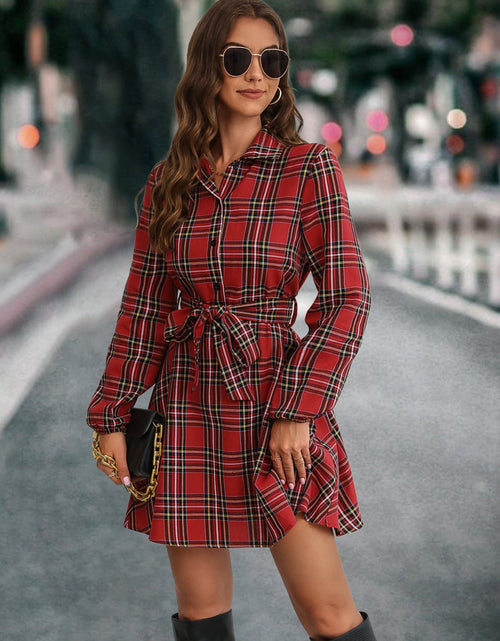 Load image into Gallery viewer, Plaid Tie Front Collared Neck Long Sleeve Dress
