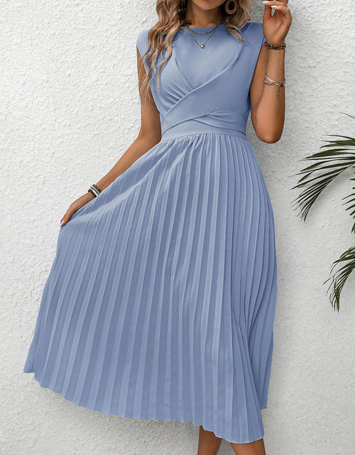 Load image into Gallery viewer, Perfee Pleated Round Neck Cap Sleeve Dress
