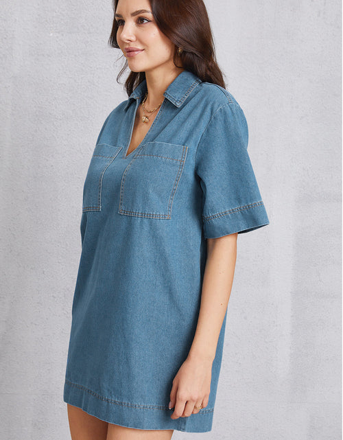 Load image into Gallery viewer, Pocketed Collared Neck Mini Denim Dress
