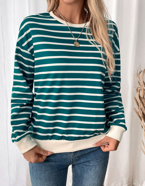 Load image into Gallery viewer, Perfee Striped Contrast Round Neck Long Sleeve Sweatshirt

