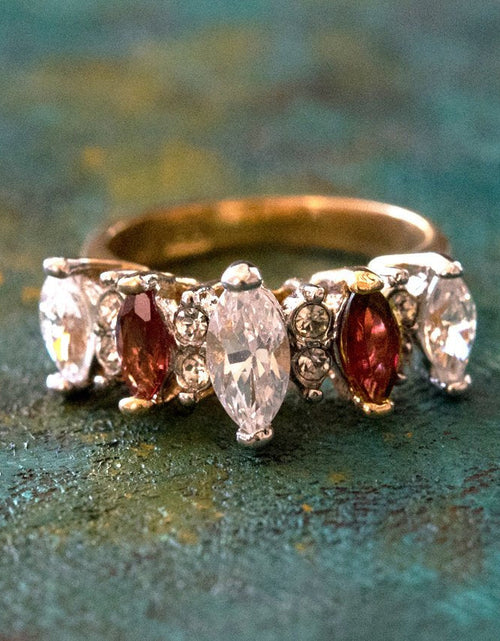 Load image into Gallery viewer, Vintage Genuine Garnet and Clear Cubic Zirconia Cocktail Ring 18k Yellow Gold Electroplated by PVD Vintage Jewelry
