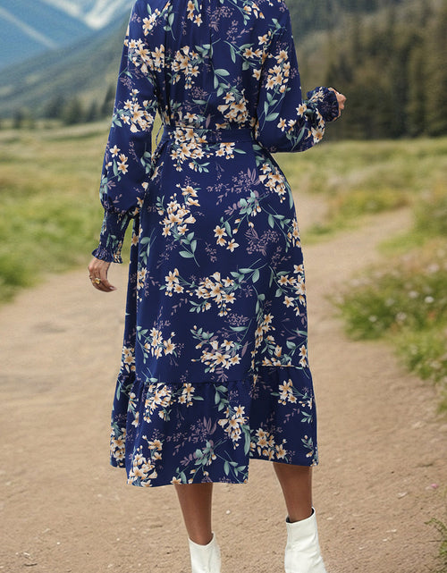 Load image into Gallery viewer, Perfee Printed Notched Lantern Sleeve Midi Dress
