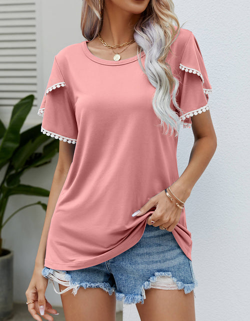 Load image into Gallery viewer, Pom-Pom Trim Flutter Sleeve Round Neck Tee
