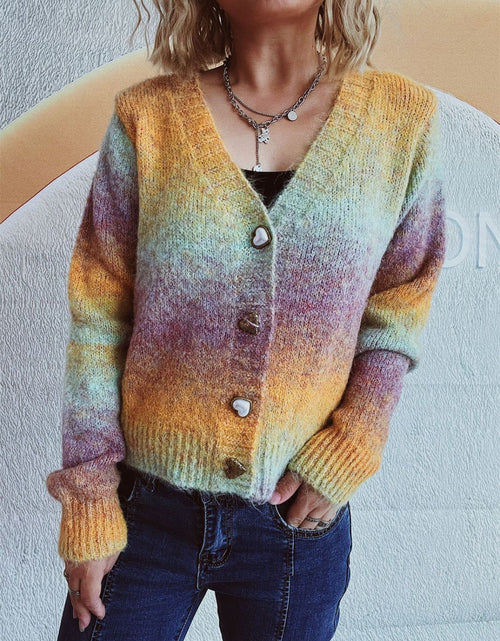Load image into Gallery viewer, Gradient Heart Shape Button V-Neck Cardigan
