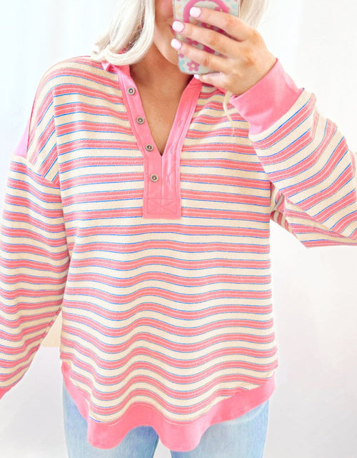 Load image into Gallery viewer, Striped Johnny Collar Long Sleeve Sweatshirt
