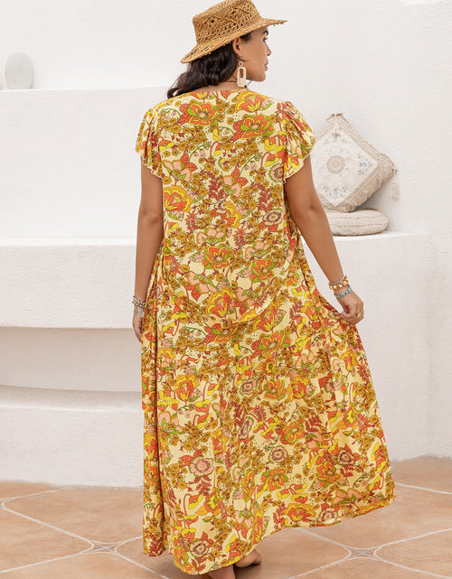 Load image into Gallery viewer, Plus Size Printed V-Neck Flutter Sleeve Tie Waist Maxi Dress
